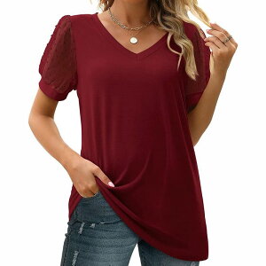 �W���C�W���C ���f�B�[�X �g�b�v�X T�V���c V�l�b�N ���b�V�� JoyJoy Women'summer V-Neck Short Sleeve T-Shirt Mesh Splice Loose Top Daily Loose Versatile Top Wine Red ���b�h