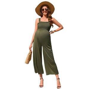 �Z�I���A ���f�B�[�X �g�b�v�X �����s�[�X ���C�h���b�O �����p�[�X ���u �m�[�X���[�u �W�����v�X�[�c �}�^�j�e�B Seoria Women Maternity Ribbed Jumpsuit Sleevelessquare Neck Wide Leg Stretchy One Piece Romper Gree