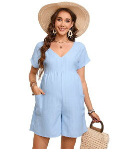 �y���������z �G���[�g�`���C�X ���f�B�[�X �����s�[�X �g�b�v�X Women's Maternity Short Sleeve V-Neck Romper Summer Jumpsuit Blue
