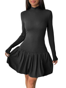 �t�@���W�����C ���f�B�[�X �g�b�v�X �����s�[�X �n�C�l�b�N ���u �~�j �X�J�[�g FUNJULY Women's Long Sleeve Mini Dress High Neck Ribbed Fitted Bodice with Bubble Hem Skirt Black �u���b�N