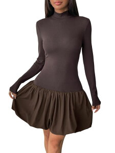�t�@���W�����C ���f�B�[�X �g�b�v�X �����s�[�X �n�C�l�b�N ���u �~�j �X�J�[�g FUNJULY Women's Long Sleeve Mini Dress High Neck Ribbed Fitted Bodice with Bubble Hem Skirt Brown �u���E��