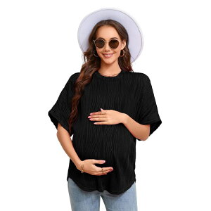 �Z�I���A ���f�B�[�X �g�b�v�X T�V���c �u���E�X �}�^�j�e�B Seoria Women's Maternity Summer Shirts Casualoose Fit Short Sleeve Blouses Round Neck Long T-Shirt Black �u���b�N
