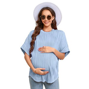 �Z�I���A ���f�B�[�X �g�b�v�X T�V���c �u���E�X �}�^�j�e�B Seoria Women's Maternity Summer Shirts Casualoose Fit Short Sleeve Blouses Round Neck Long T-Shirt Blue �u���[