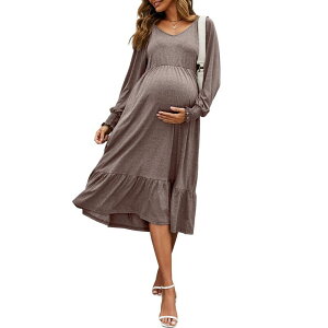 �Z�I���A ���f�B�[�X �g�b�v�X �����s�[�X V�l�b�N �v���[�c �~�f�B �}�^�j�e�B Seoria Women Maternity Dress Puff Long Sleeve V Neck Pleated Flare Midi Flowy Dress Khaki �J�[�L