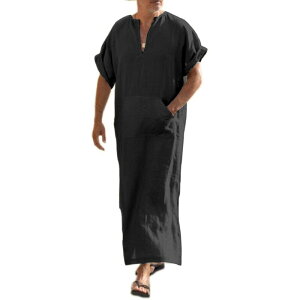�N�[�t�@���f�B ���f�B�[�X �g�b�v�X T�V���c V�l�b�N ���l�� COOFANDY Men' V-Neck Linen Robe Short Sleeve Kaftan Thobe Longown Casual Shirt for Beach Black �u���b�N