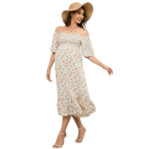 �y���������z �R�W���C�� ���f�B�[�X �����s�[�X �g�b�v�X Women's Summer Maternity Dress Boho Chic Floral Square Neck Ruffle Hem Dress for Baby Shower White