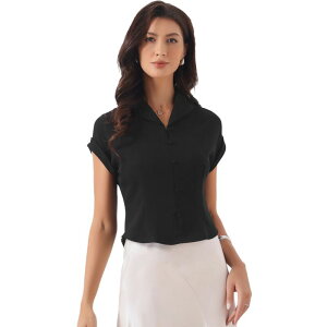 �C���X�p�C�A �V�b�N ���f�B�[�X �g�b�v�X �V���c �L���b�v �u���E�X INSPIRE CHIC Dressy Top for Women's Lapel Collar Office Cap Sleeve Button Lightweight Work Blouse Black �u���b�N