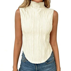 �N���A�t�����[ ���f�B�[�X �g�b�v�X T�V���c �^�[�g���l�b�N �m�[�X���[�u���E�X ClearFlower Women's Fitted Sleeveless Turtleneck Tank Top Crinkled Turtleneck Blouse Summer Top Apricot �A�v���R�b�g