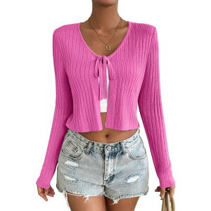 �Z�I���A ���f�B�[�X �A�E�^�[ �j�b�g�E�Z�[�^�[ �J�[�f�B�K�� �N���b�v�h Seoria Women's Long Sleeve Knit Cropped Cardigan Tie Up Shrug Top Rose Red ���b�h