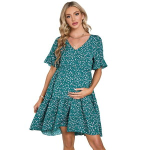 �y���������z �Z�I���A ���f�B�[�X �����s�[�X �g�b�v�X Maternity Floral V Neck Ruffle Sleeve Loose Fit Dress Dark Green