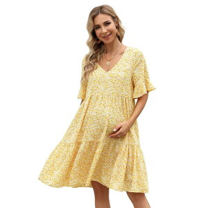 �y���������z �Z�I���A ���f�B�[�X �����s�[�X �g�b�v�X Maternity Floral V Neck Ruffle Sleeve Loose Fit Dress Yellow