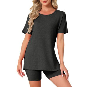 �C���X�p�C�A �V�b�N ���f�B�[�X �A���_�[�E�F�A �i�C�g�E�F�A �V���[�g�p���c INSPIRE CHIC Women's Pajama Set Short Sleeve Tops with Fitted Tight Shortsleepwear Nightwear Lounge Set Black �u���b�N
