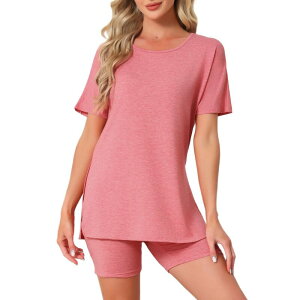 �C���X�p�C�A �V�b�N ���f�B�[�X �A���_�[�E�F�A �i�C�g�E�F�A �V���[�g�p���c INSPIRE CHIC Women's Pajama Set Short Sleeve Tops with Fitted Tight Shortsleepwear Nightwear Lounge Set Pink �s���N