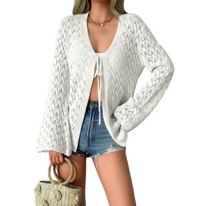 �R�W���C�� ���f�B�[�X �A�E�^�[ �j�b�g�E�Z�[�^�[ �J�[�f�B�K�� Kojooin Women's Casualightweight Frontie Knit Long Sleeve Cardigan White �z���C�g
