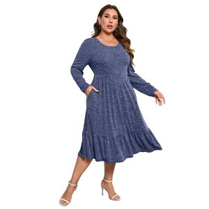 �y���������z �Z�I���A ���f�B�[�X �����s�[�X �g�b�v�X Plus Size Women Long Sleeve Crew Neck Ruffled Hem Midi Dress Blue