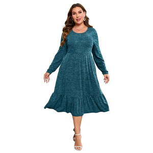 �Z�I���A ���f�B�[�X �g�b�v�X �����s�[�X �N���[�l�b�N �v���X�T�C�Y �t���� �~�f�B Seoria Plusize Women Long Sleeve Crew Neck Ruffled Hemidi Dress Green �O���[��