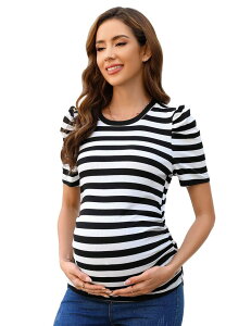 �N���A���u ���f�B�[�X �g�b�v�X T�V���c �N���[�l�b�N ���u �}�^�j�e�B Clearlove Women's Maternity Crewneck Puff Sleeve Ribbed T-Shirt Casual Top Black White Stripe �z���C�g