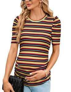 �N���A���u ���f�B�[�X �g�b�v�X T�V���c �N���[�l�b�N ���u �}�^�j�e�B Clearlove Women's Maternity Crewneck Puff Sleeve Ribbed T-Shirt Casual Top Black Yellow Stripe �u���b�N
