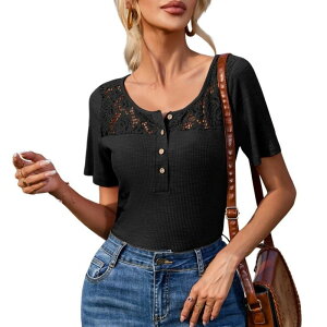 �{�f�B�T�C�Y ���f�B�[�X �g�b�v�X T�V���c �N���[�l�b�N ���u���E�X ���[�X BODDYSIZE Womensummer Business Work Blouse Tops Lace Short Sleeve Casual Crew Neck Ribbed Tunic with Button Black �u���b�N