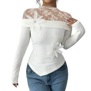 �N���A�t�����[ ���f�B�[�X �g�b�v�X �V���c �A�V�����g���[ ���u ���[�X ClearFlower Women's Long Sleeve Off Shoulder Lace Floweribbed Asymmetric Hem Casual Top White �z���C�g