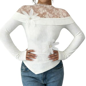 �G���[�g�X�s���b�g ���f�B�[�X �g�b�v�X �V���c ���u���E�X ���[�X EliteSpirit Womens Long Sleeve Off Shoulder Top Lace Floweribbed Fitted Blouse White �z���C�g