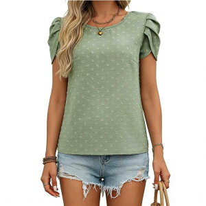 �G���[�g�X�s���b�g ���f�B�[�X �g�b�v�X �V���c �u���E�X EliteSpirit Women's Textured Short Sleeve Blouse Round Neck Petal Sleeve Office Casual Top Green �O���[��