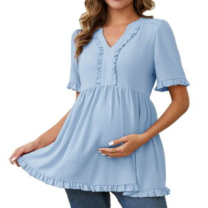 �C���X�p�C�A �V�b�N ���f�B�[�X �g�b�v�X �V���c V�l�b�N �t���� �u���E�X �}�^�j�e�B INSPIRE CHIC Women's Maternity Tops Boho Ruffled V Neck Short Sleeve Shirts Flowy Loose Casual Blouses Blue �u���[