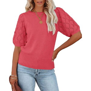 �Z�I���A ���f�B�[�X �g�b�v�X T�V���c �N���[�l�b�N �j�b�g Seoria Women'short Sleeve Knitop Crew Neck Lightweight Crochet Pullover Summer Tees Watermelon Red ���b�h