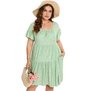�Z�I���A ���f�B�[�X �g�b�v�X �����s�[�X �v���X�T�C�Y �t���� Seoria Plusize Dress Women Square Neck Ruffle Sleeve Summer Dress Plusize Dress Clothing Ligth Green Floral �O���[��