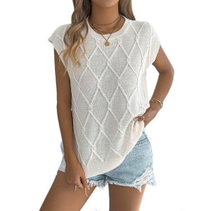 �C�G�X�t�@�b�V���� ���f�B�[�X �A�E�^�[ �j�b�g�E�Z�[�^�[ �N���[�l�b�N �L���b�v Yesfashion Womens Knitop Argyle Cap Sleeve Crew Neck Loose Fit Casual Sweater for Daily Office Apricot �A�v���R�b�g