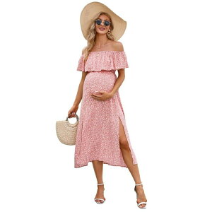 �C�G�X�t�@�b�V���� ���f�B�[�X �g�b�v�X �����s�[�X �w���J�� �t���� �}�^�j�e�B Yesfashion Women Ruffle Off Shoulder Dresshort Sleeve Backless Maternity Slit Hem Summer Beach Dresses Pink Flower �s���N
