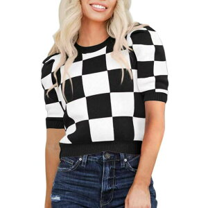 �N���A�t�����[ ���f�B�[�X �A�E�^�[ �j�b�g�E�Z�[�^�[ �X�����t�B�b�g ClearFlower Women Round Neck Solid Color Slim Fit Soft Short Sleeve Knitop White �z���C�g
