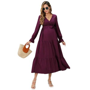 �Z�I���A ���f�B�[�X �g�b�v�X �����s�[�X V�l�b�N �t���� �}�^�j�e�B �}�L�V Seoria Women's Boho Dresspring Long Sleeve Wrap V Neck Ruffle Flowy Maxi Vacation Maternity Dresses Purple �p�[�v��