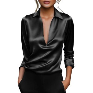 �N���A���u ���f�B�[�X �g�b�v�X �V���c V�l�b�N �T�e�� �V���N �u���E�X Clearlove Women's Deep V Neck Satin Blouses Long Sleeve Casual Silk Shirts Business Work Tunic Tops Black �u���b�N