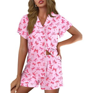 �G�R�A�[ ���f�B�[�X �A���_�[�E�F�A �i�C�g�E�F�A �t���� Ekouaer Pajamas for Women Set Button Upjs Ruffle Sleeve Sleepwear Notch Collar Bride Soft Pj Pink Bow Tie �s���N