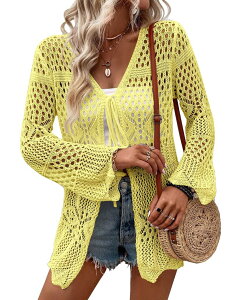 �}�L�V�X�}�[�` ���f�B�[�X �A�E�^�[ �j�b�g�E�Z�[�^�[ �J�[�f�B�K�� Maxxis Merch Women's Tie Front Hollow Out Cardigan Lightweight Long Sleeve Sweater Thin Crochet Cover Up Yellow �C�G���[