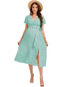 �N���A�t�����[ ���f�B�[�X �g�b�v�X �����s�[�X V�l�b�N �}�^�j�e�B ClearFlower Maternity Dress Women Casual Wrap V Neck Split Dress Green �O���[��