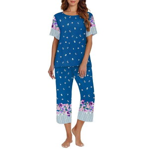 �G�R�A�[ ���f�B�[�X �A���_�[�E�F�A �i�C�g�E�F�A �p���c �V���c �L���b�v Ekouaer Women's Two Piece Lounge Set Short Sleeve Shirt and Capri Pants Mumu Pajama with Pockets Blue �u���[