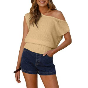 �R�W���C�� ���f�B�[�X �g�b�v�X T�V���c �x�X�g �j�b�g Kojooin Women Off The Shoulder Knit Vest Casualoose Top Apricot �A�v���R�b�g