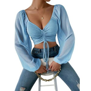 �C�G�X�t�@�b�V���� ���f�B�[�X �g�b�v�X T�V���c V�l�b�N �M���U�[ �u���E�X Yesfashion Women's Drawstring V Neck Ruched Lantern Long Sleeve Tie Back Crop Top Blouse Blue �u���[