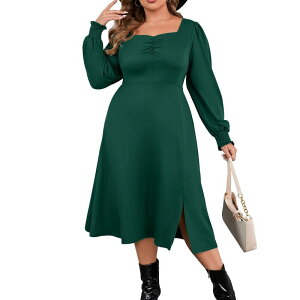 �G���[�g�X�s���b�g ���f�B�[�X �g�b�v�X �����s�[�X �v���X�T�C�Y �}�L�V EliteSpirit Plusize Women's Long Dress Elegant High-Low Hem Split Maxi Dress for Fall Winter Dark Green �O���[��