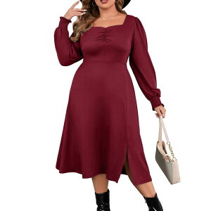 �G���[�g�X�s���b�g ���f�B�[�X �g�b�v�X �����s�[�X �v���X�T�C�Y �}�L�V EliteSpirit Plusize Women's Long Dress Elegant High-Low Hem Split Maxi Dress for Fall Winter Wine Red ���b�h