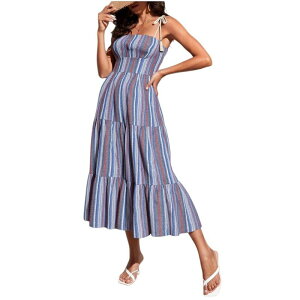�C�G�X�t�@�b�V���� ���f�B�[�X �g�b�v�X �����s�[�X �e�B�A�[�h A ���C�� �}�L�V Yesfashion Womenstripedresses Casual Spaghetti Strap Flowy Swing A Line Beach Tiered Maxi Sundress Dark Blue �u���[
