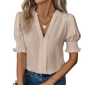 �N���A�t�����[ ���f�B�[�X �g�b�v�X �V���c V�l�b�N �M���U�[ �t���� �u���E�X ClearFlower Women's V Neck Puff Sleeve Blouse Summeruched Cuff Ruffle Half Sleeve Casual Work Top Apricot �A�v���R�b�g