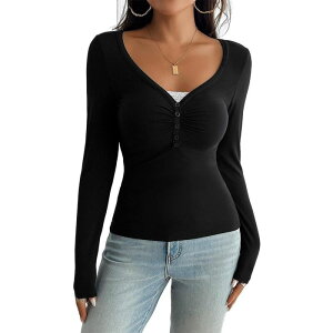�G���[�g�`���C�X ���f�B�[�X �g�b�v�X �V���c V�l�b�N �M���U�[ Elitechoice Women Y2k Long Sleeve Shirts V Neck Front Ruched Button Tops Low Cut Fitted T-Shirt Black �u���b�N