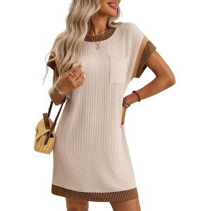 �G���[�g�`���C�X ���f�B�[�X �g�b�v�X �����s�[�X ���u �~�j �V���c �j�b�g Elitechoice Women'short Sleeve T Shirt Dress with Pocket Color Block Ribbed Knit Loose Fit Mini Dresses Beige �x�[�W��