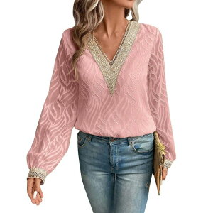 �C�G�X�t�@�b�V���� ���f�B�[�X �g�b�v�X �V���c V�l�b�N �V�t�H�� �u���E�X ���[�X Yesfashion Womens V Neck Shirts Casual Dressy Long Sleeve Lace Top Blouses Chiffon Jacquard Elegant Fall Tops Pink �s���N