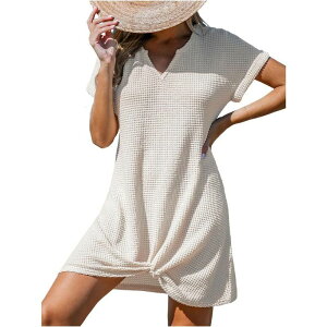 �C�G�X�t�@�b�V���� ���f�B�[�X �g�b�v�X �����s�[�X V�l�b�N �~�j�b�g Yesfashion Women Swimsuit Coverup Waffle Knit V Neck Short Sleeve Beach Coverup Casual Mini Dress Apricot �A�v���R�b�g