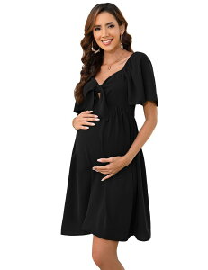 �t�@���W�����C ���f�B�[�X �g�b�v�X �����s�[�X V�l�b�N �Ђ��� �}�^�j�e�B FUNJULY Women's Maternity Dresses Knotted V Necknee Length Wrap Baby Shower Dress Black �u���b�N