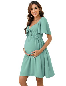 �t�@���W�����C ���f�B�[�X �g�b�v�X �����s�[�X V�l�b�N �Ђ��� �}�^�j�e�B FUNJULY Women's Maternity Dresses Knotted V Necknee Length Wrap Baby Shower Dress Light Green �O���[��